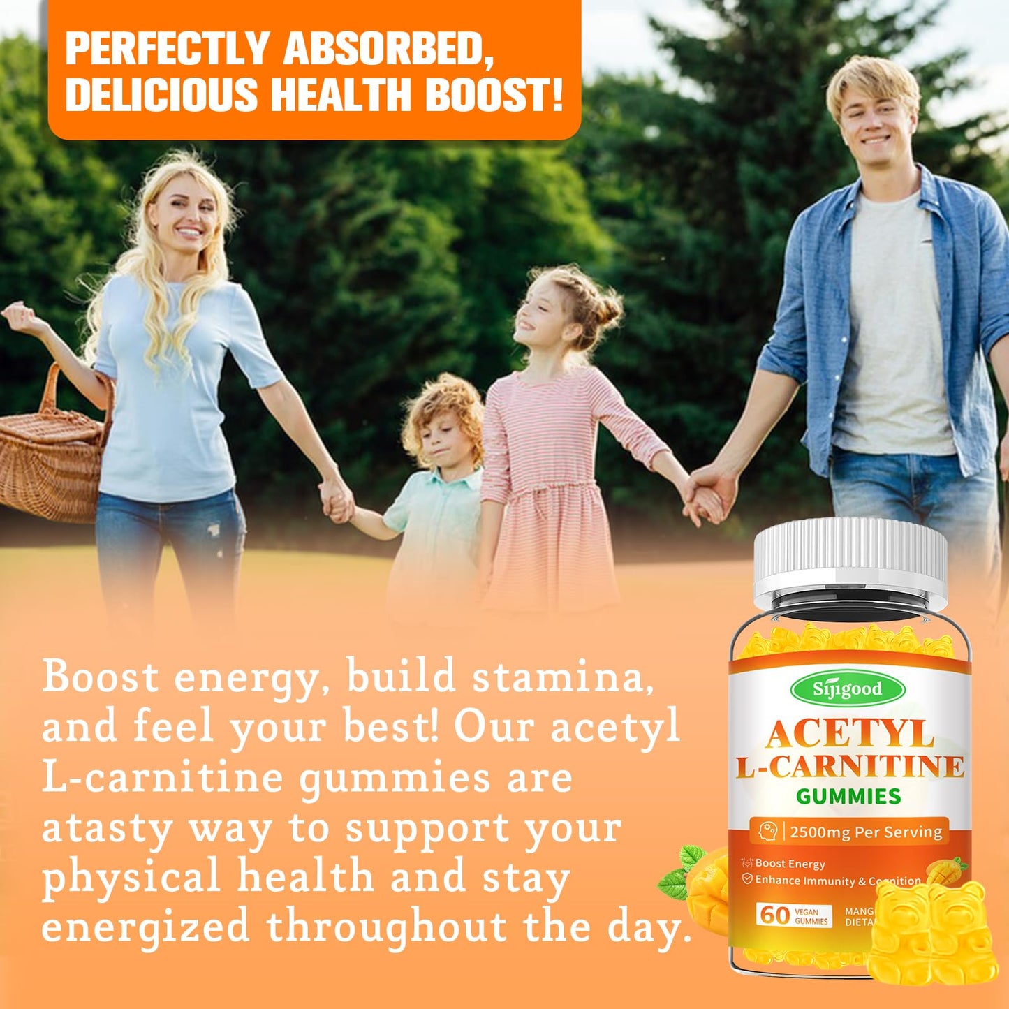 Sijigood 2 Pack Acetyl L-Carnitine Gummies – Energy, Focus & Immune Support (Mango Flavor, 120 Count)
