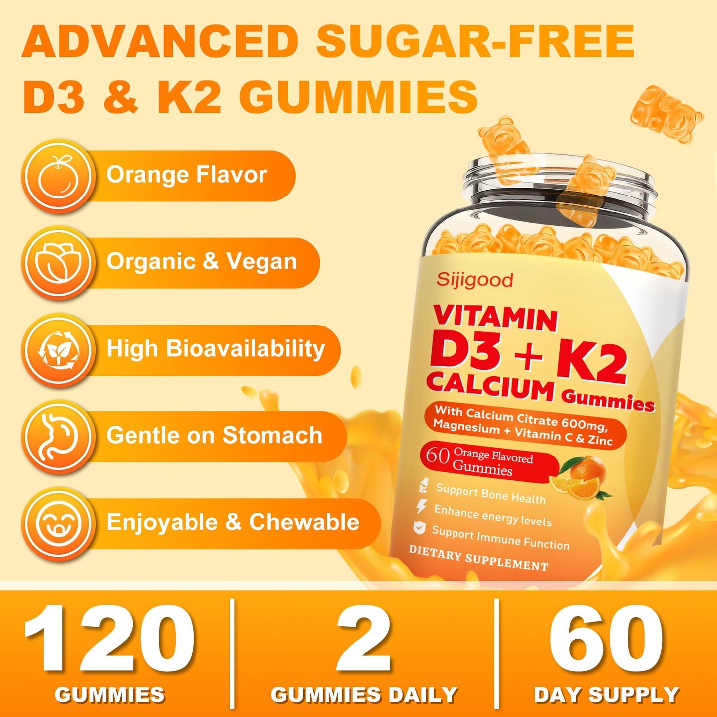 Sijigood Vitamin D3 K2 Gummies – 10,000 IU D3, 6-in-1 Bone & Immune Support