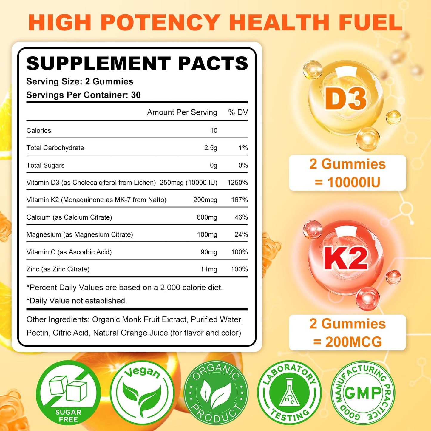 Sijigood Vitamin D3 K2 Gummies – 10,000 IU D3, 6-in-1 Bone & Immune Support