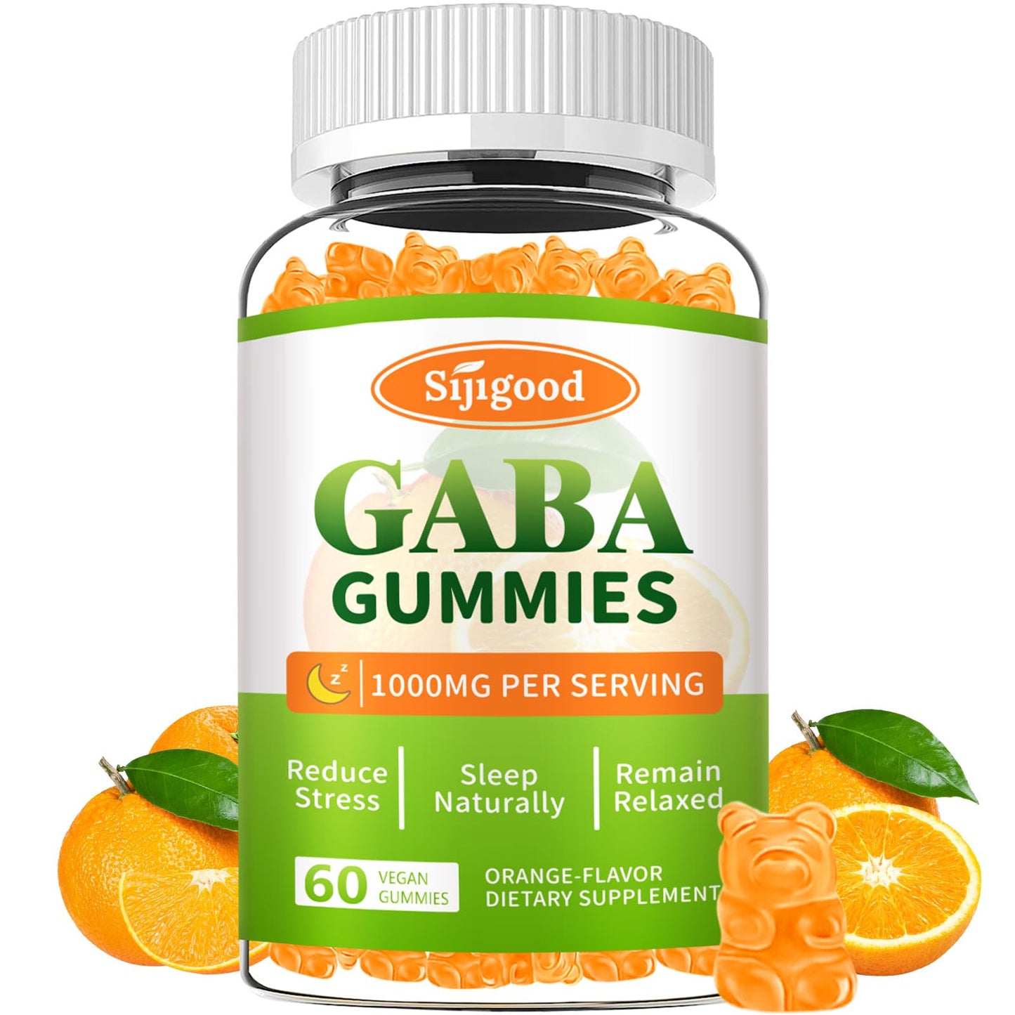 Sijigood GABA Gummies for Adults – Relaxation, Zzz & Mood Support | Sugar-Free Orange Gummies with L-Theanine, 5-HTP & Vitamin D3 | 60 Count