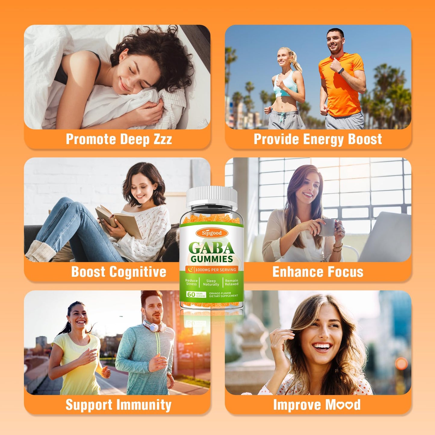Sijigood GABA Gummies for Adults – Relaxation, Zzz & Mood Support | Sugar-Free Orange Gummies with L-Theanine, 5-HTP & Vitamin D3 | 60 Count