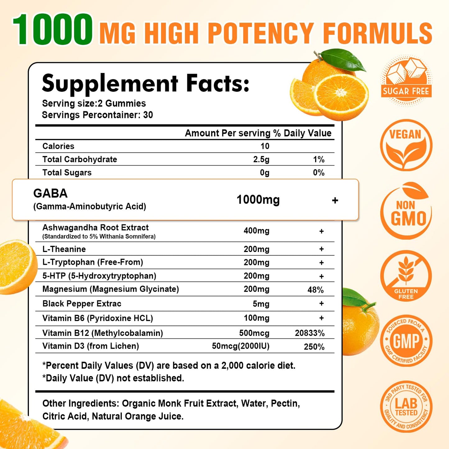 Sijigood GABA Gummies for Adults – Relaxation, Zzz & Mood Support | Sugar-Free Orange Gummies with L-Theanine, 5-HTP & Vitamin D3 | 60 Count