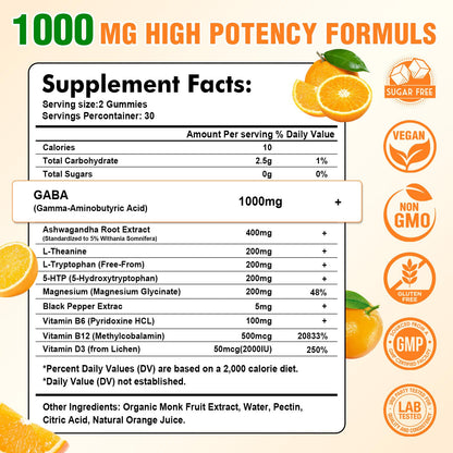 Sijigood GABA Gummies for Adults – Relaxation, Zzz & Mood Support | Sugar-Free Orange Gummies with L-Theanine, 5-HTP & Vitamin D3 | 60 Count