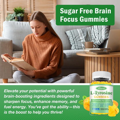 Sijigood L-Tyrosine Gummies - 1000mg Focus & Mood, Mango Flavor, 60 Count - Vegan & Gluten-Free