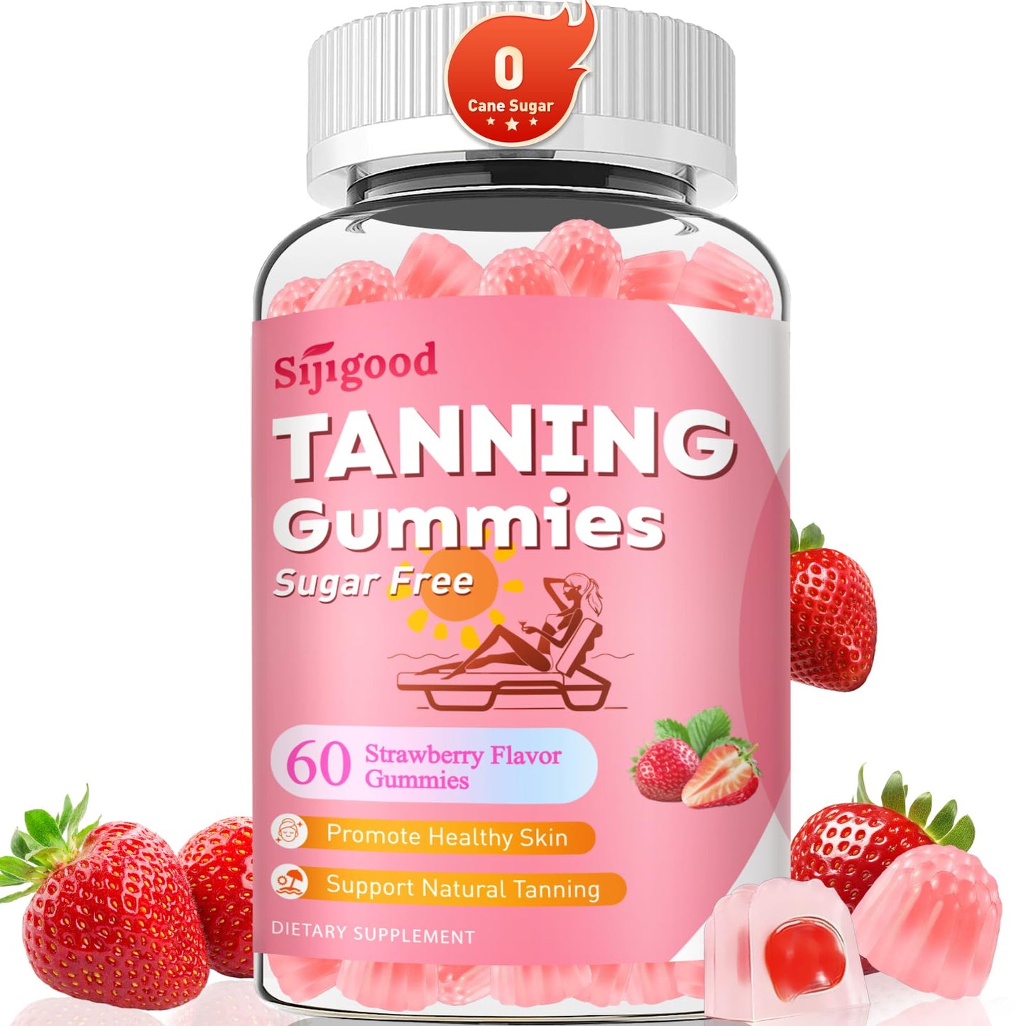 SijiGood Tanning Gummies - Sugar Free Self Tanning for Women & Men, Strawberry Flavor (60 Count)
