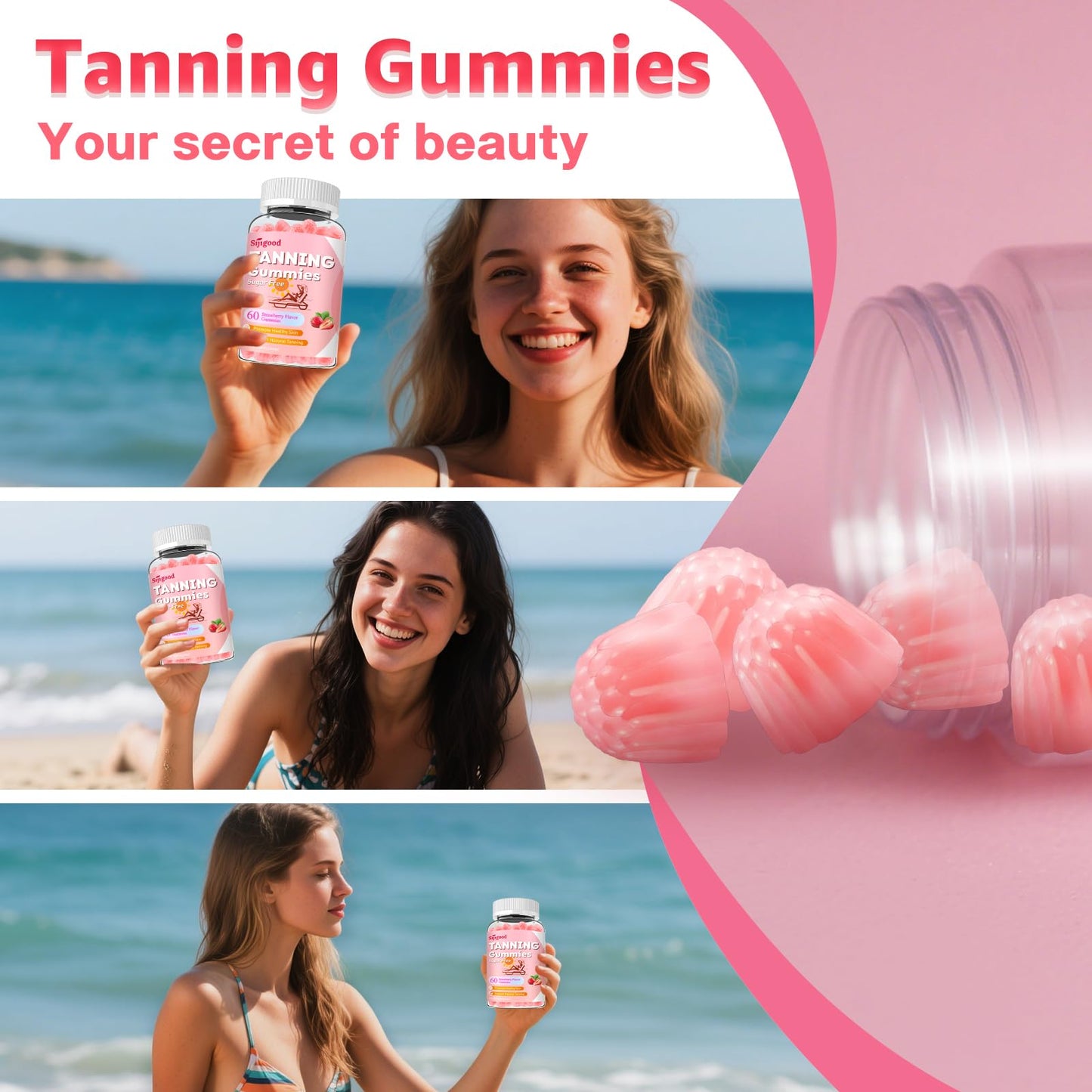SijiGood Tanning Gummies - Sugar Free Self Tanning for Women & Men, Strawberry Flavor (60 Count)