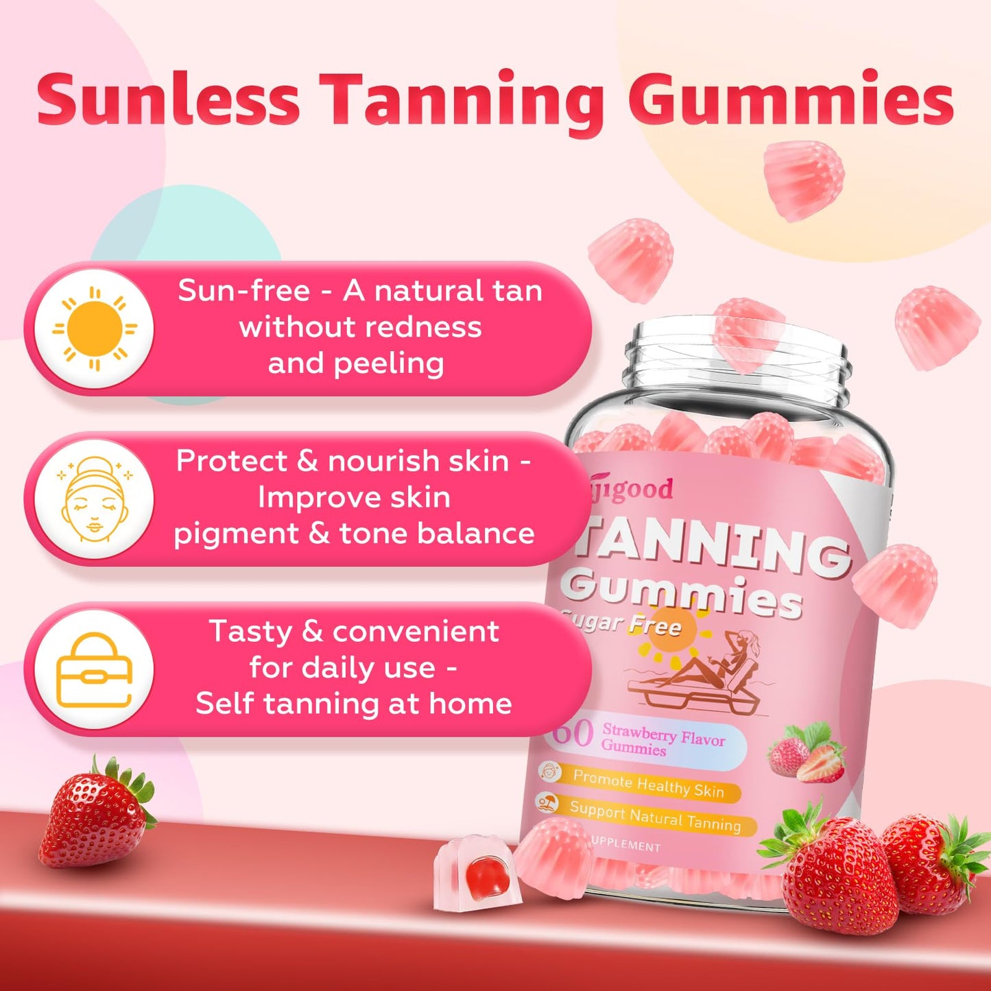 SijiGood 2 Pack Tanning Gummies – Sugar Free Self Tan, Strawberry, 120 Count
