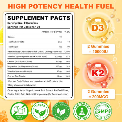 Sijigood Vitamin D3 K2 Gummies – 10000IU D3, 200mcg K2, 6-in-1 (60 Count)