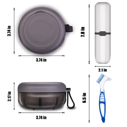 Denture Case with Brush – No-Leak Travel Retainer Box (Black) with Mirror, Strainer & Portable Toothbrush Box