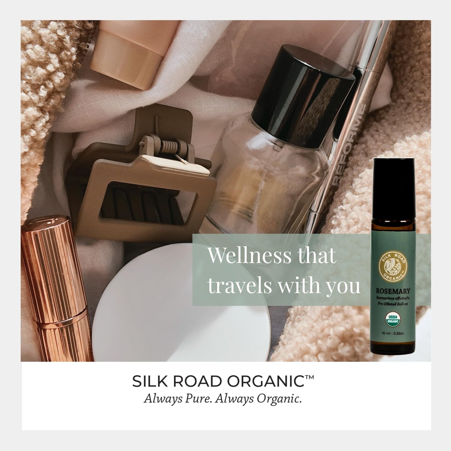 Silk Road Organic Rosemary Essential Oil & Jojoba Roll On – USDA Certified, Hair Growth Support, 10 ml