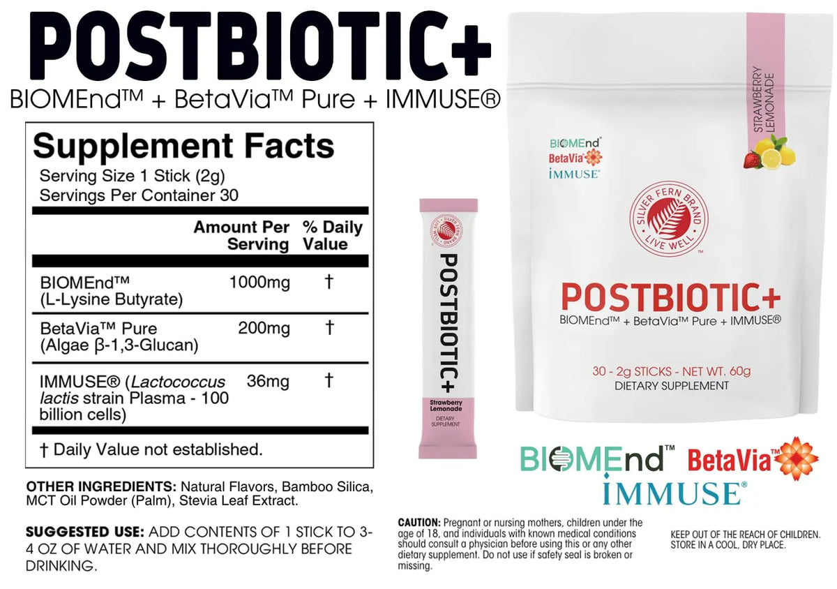 Silver Fern Postbiotic+ Strawberry Lemonade Powder – BIOMend™, BetaVia™, Immuse® – 30 Stick Packs BritishVita | Premium UK Vitamins & Wellness Supplements