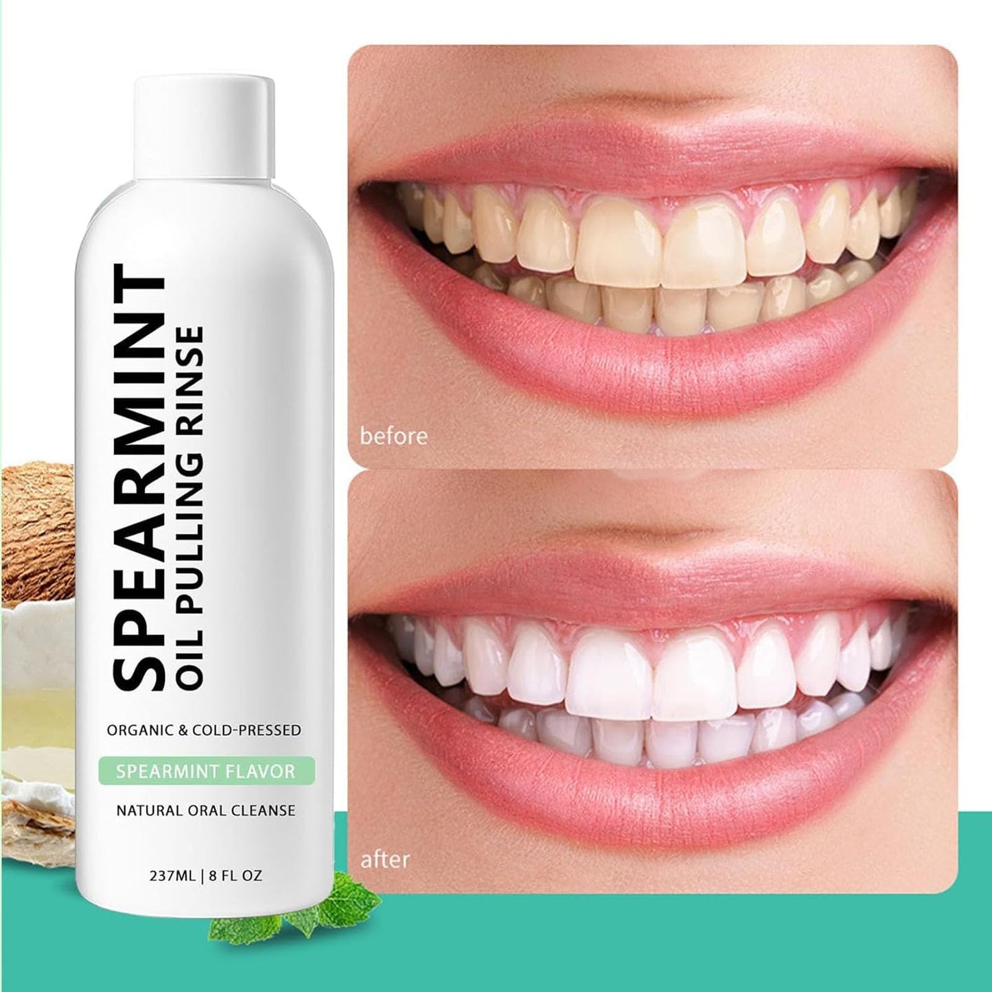 Spearmint Oil Pulling Rinse & Cold-Pressed Coconut Mouthwash for Teeth Whitening