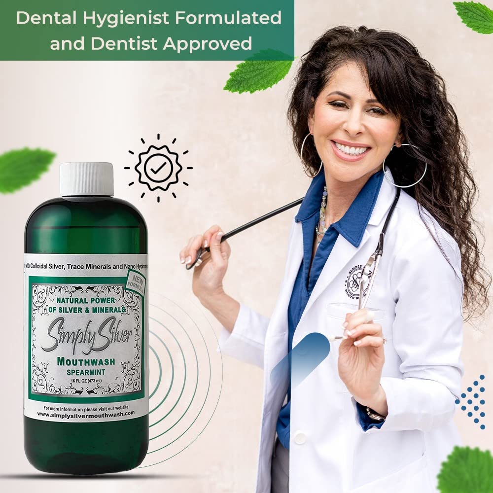 Simply Silver Mouthwash Spearmint Flavor - Nano Hydroxyapatite, Colloidal Silver, Alcohol-Free & Fluoride-Free, 16 oz