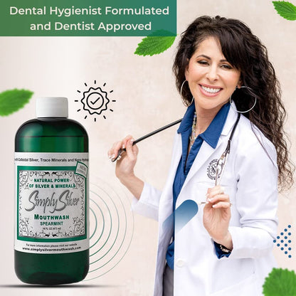 Simply Silver Mouthwash Spearmint Flavor - Nano Hydroxyapatite, Colloidal Silver, Alcohol-Free & Fluoride-Free, 16 oz