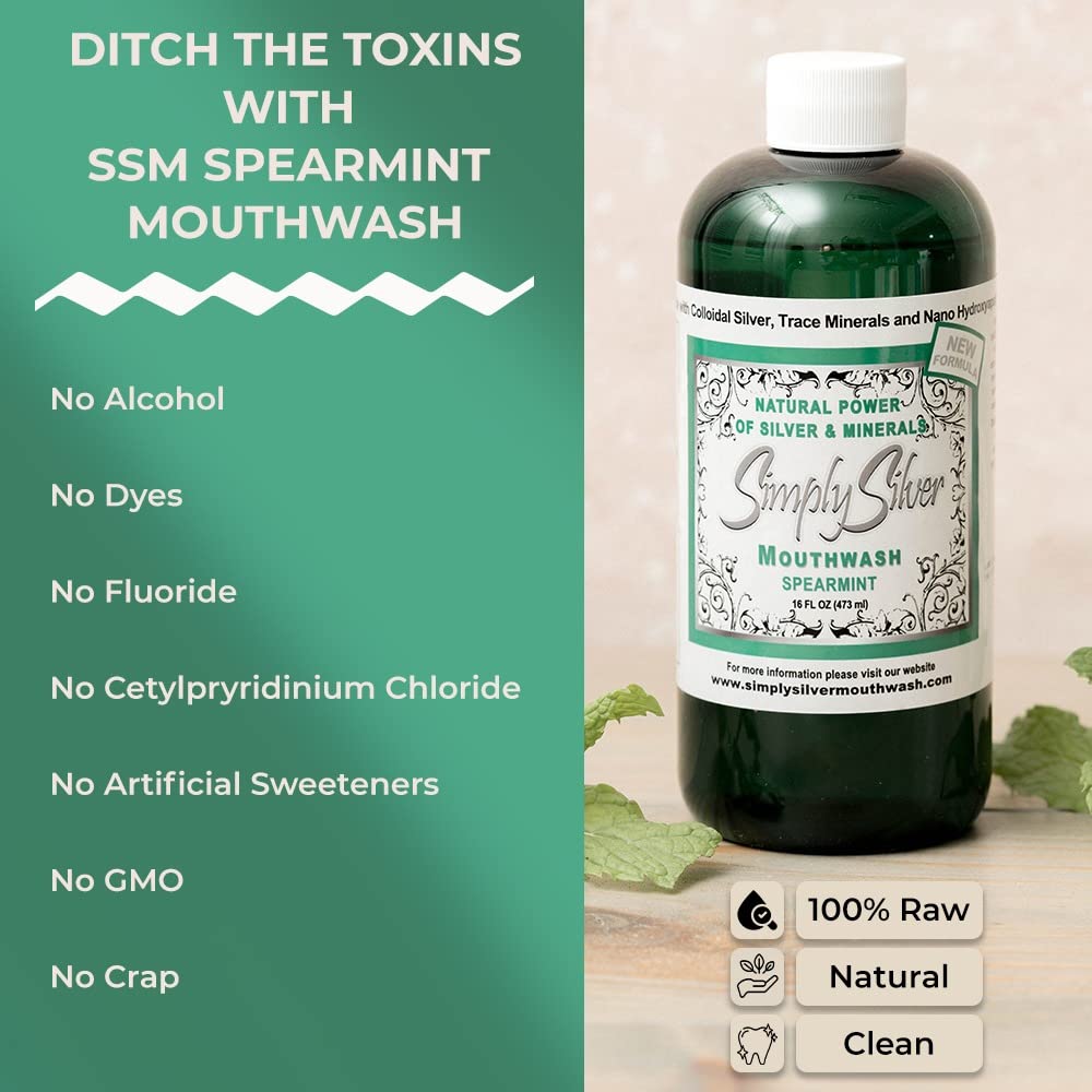 Simply Silver Mouthwash Spearmint Flavor - Nano Hydroxyapatite, Colloidal Silver, Alcohol-Free & Fluoride-Free, 16 oz