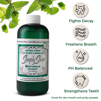 Simply Silver Mouthwash Spearmint Flavor - Nano Hydroxyapatite, Colloidal Silver, Alcohol-Free & Fluoride-Free, 16 oz