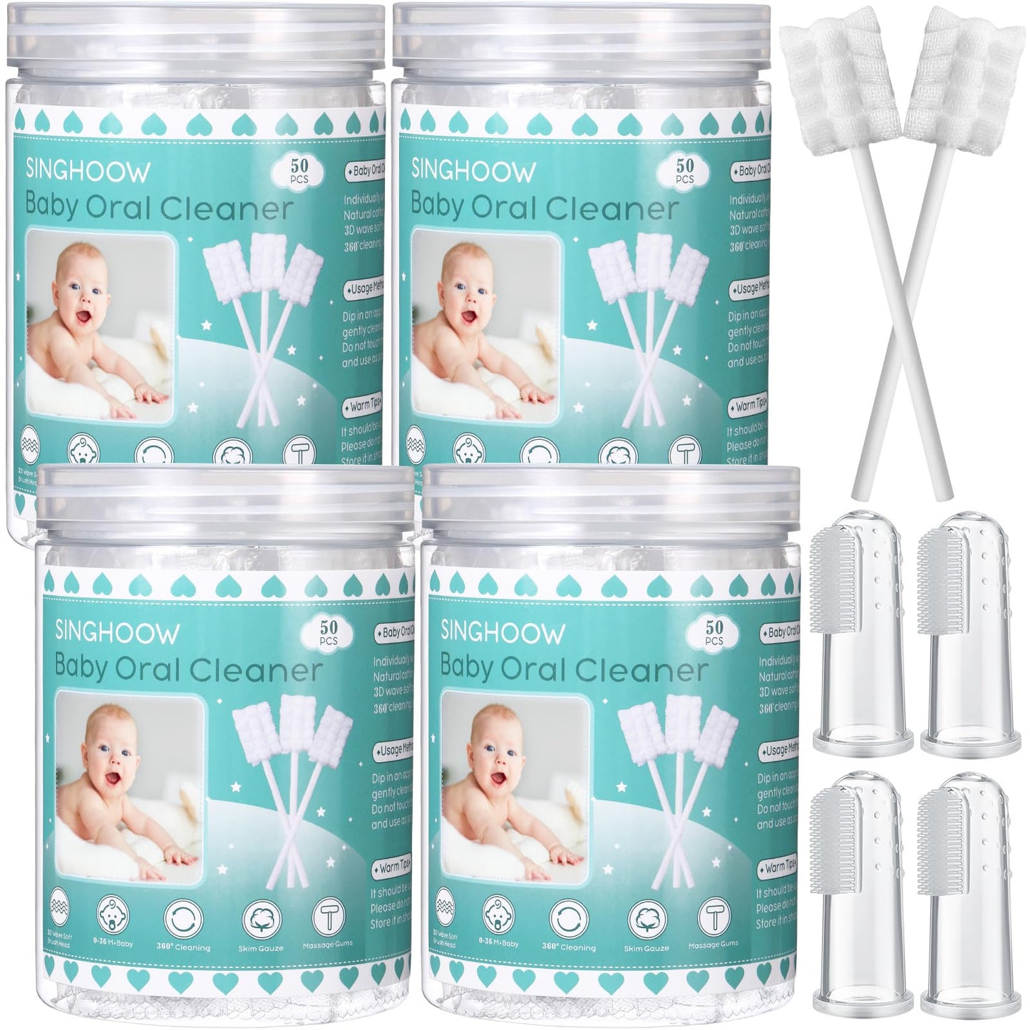 Singhoow 200Pcs Baby Tongue Cleaners + 4 Finger Toothbrushes - Disposable Gauze (Blue)