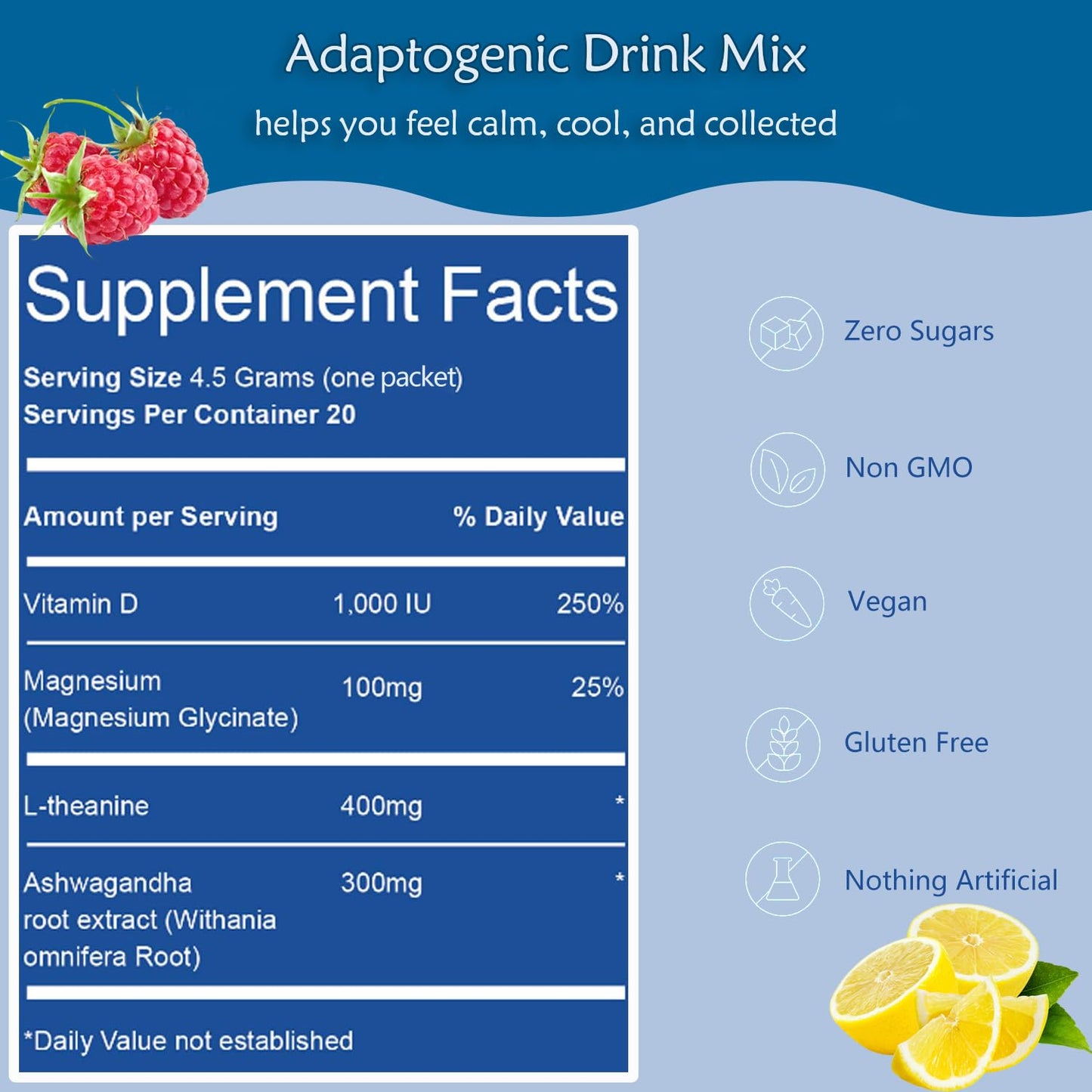 Adaptogenic Powder Drink Mix – Raspberry Lemonade, Calm Magnesium Glycinate with Ashwagandha & Vitamin D3, 3.2 oz, 20 Servings, No Sugar, Non-GMO