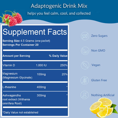 Adaptogenic Powder Drink Mix – Raspberry Lemonade, Calm Magnesium Glycinate with Ashwagandha & Vitamin D3, 3.2 oz, 20 Servings, No Sugar, Non-GMO