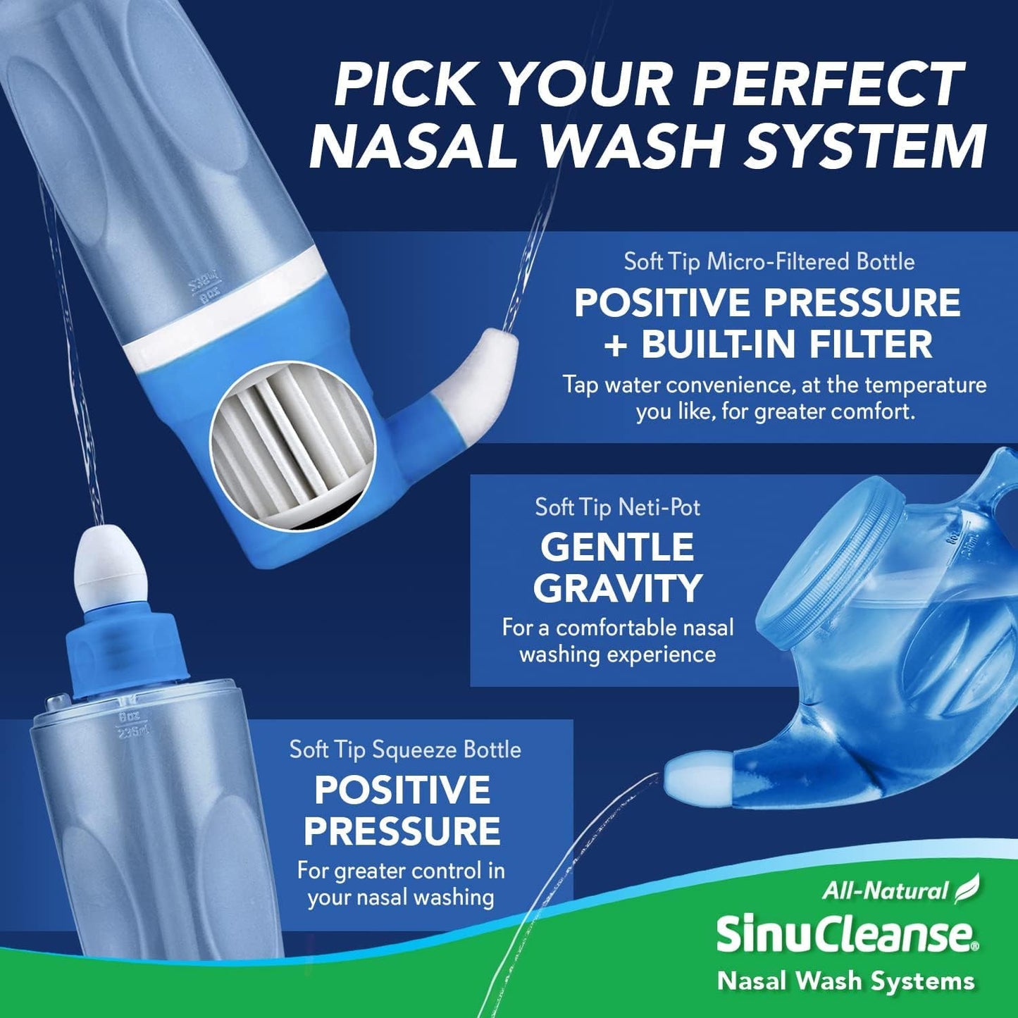 SinuCleanse Soft Tip Neti Pot Nasal Wash System – All-Natural Saline Packets, Made in USA