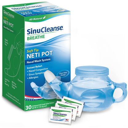 SinuCleanse Soft Tip Neti Pot Nasal Wash System – All-Natural Saline Packets, Made in USA