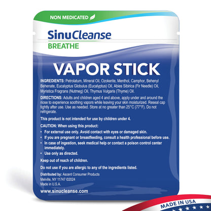 SinuCleanse Vapor Stick - Portable Non-Medicated Soothing Vapors, 0.11 oz Twin Pack | Made in USA