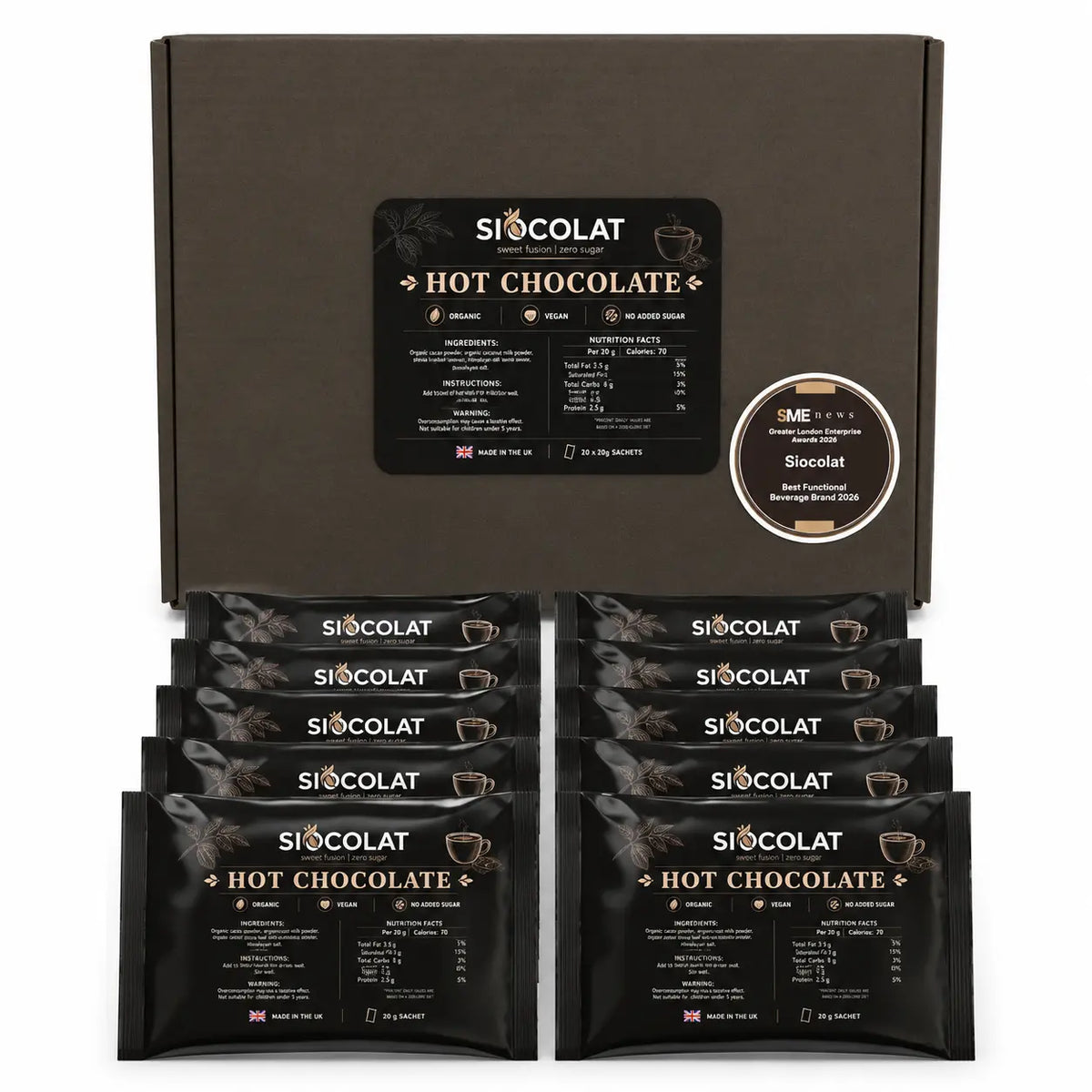 Siocolat Organic Vegan Sugar Free Low Calorie Hot Chocolate Drink 10 sachets Siocolat