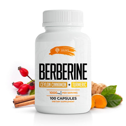 SIRUNES Berberine100 Capsules with Ceylon Cinnamon & Turmeric – Berberine HCL Non-GMO Dietary Supplement