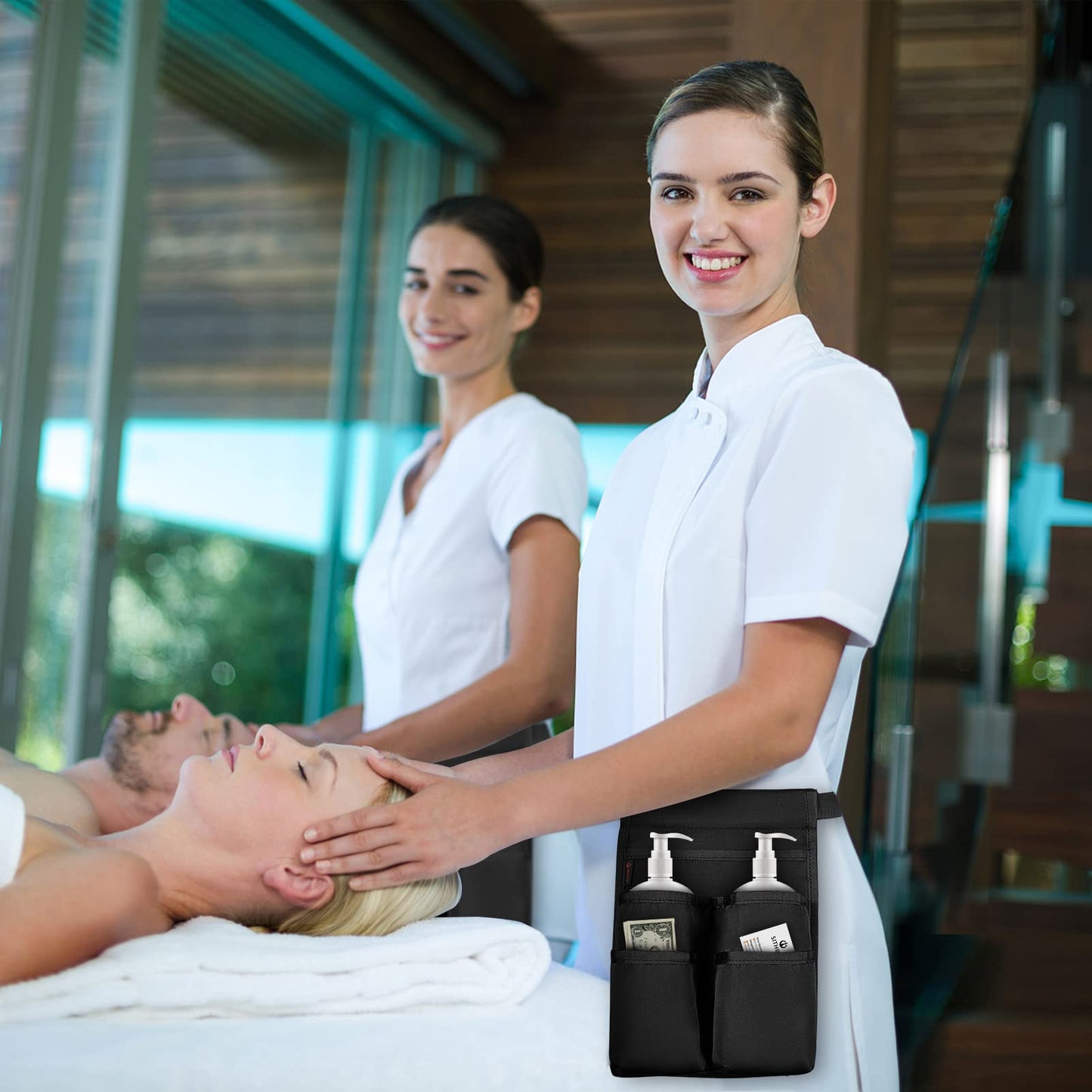 SITHON Massage Bottle Bag, Professional Massage Therapist Holster for 2 Bottles, Lotion Oil Waist Holder Organizer with Adjustable Belt, Multiple Pockets (Bag Only) (Black)