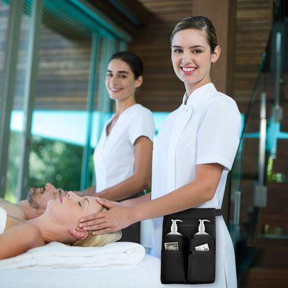 SITHON Massage Bottle Bag, Professional Massage Therapist Holster for 2 Bottles, Lotion Oil Waist Holder Organizer with Adjustable Belt, Multiple Pockets (Bag Only) (Black)