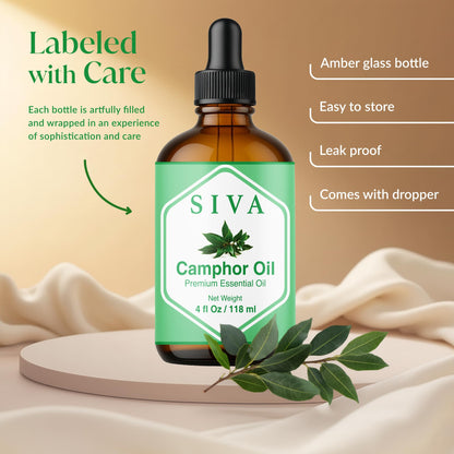 Siva Camphor Essential Oil - 4 Fl Oz | 100% Natural Camphor Oil with Dropper for Diffuser, Skin, Hair & Aromatherapy