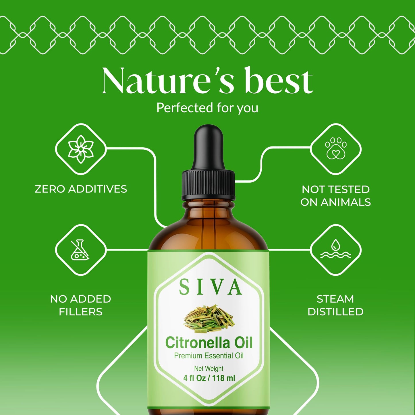 Siva Citronella Essential Oil 4oz - 100% Natural | Diffuser, Skin & Hair Care | With Dropper