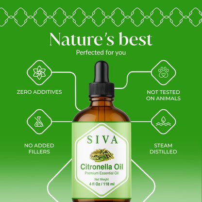 Siva Citronella Essential Oil 4oz - 100% Natural | Diffuser, Skin & Hair Care | With Dropper