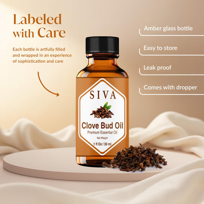 Siva Clove Bud Essential Oil - 1oz | 100% Natural Clove Bud Oil for Diffuser, Skin Care, Aromatherapy, Hair Care, Scalp & Body Massage - With Dropper