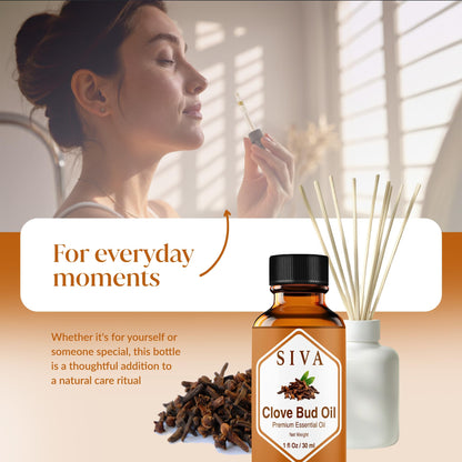 Siva Clove Bud Essential Oil - 1oz | 100% Natural Clove Bud Oil for Diffuser, Skin Care, Aromatherapy, Hair Care, Scalp & Body Massage - With Dropper