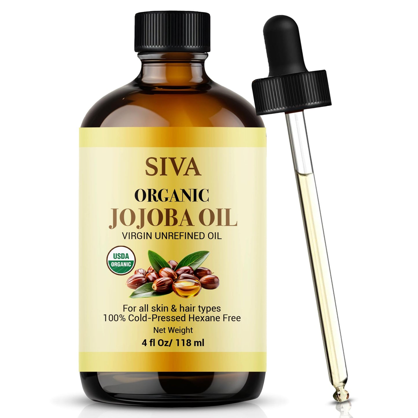 Siva Jojoba Organic Oil 4oz (118ml) – Cold-Pressed, 100% Natural Carrier Oil with Dropper