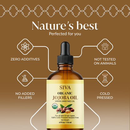Siva Jojoba Organic Oil 4oz (118ml) – Cold-Pressed, 100% Natural Carrier Oil with Dropper