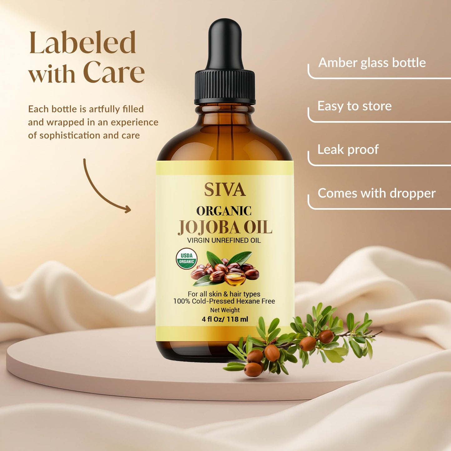 Siva Jojoba Organic Oil 4oz (118ml) – Cold-Pressed, 100% Natural Carrier Oil with Dropper