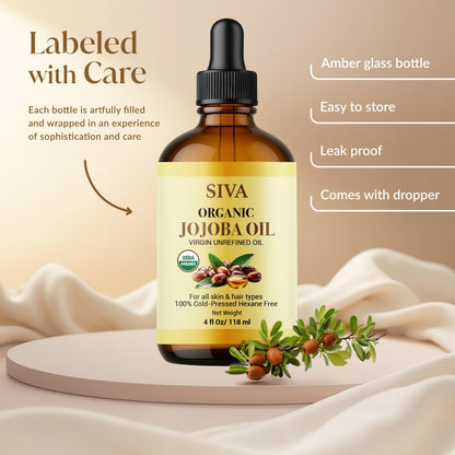 Siva Jojoba Organic Oil 4oz (118ml) – Cold-Pressed, 100% Natural Carrier Oil with Dropper