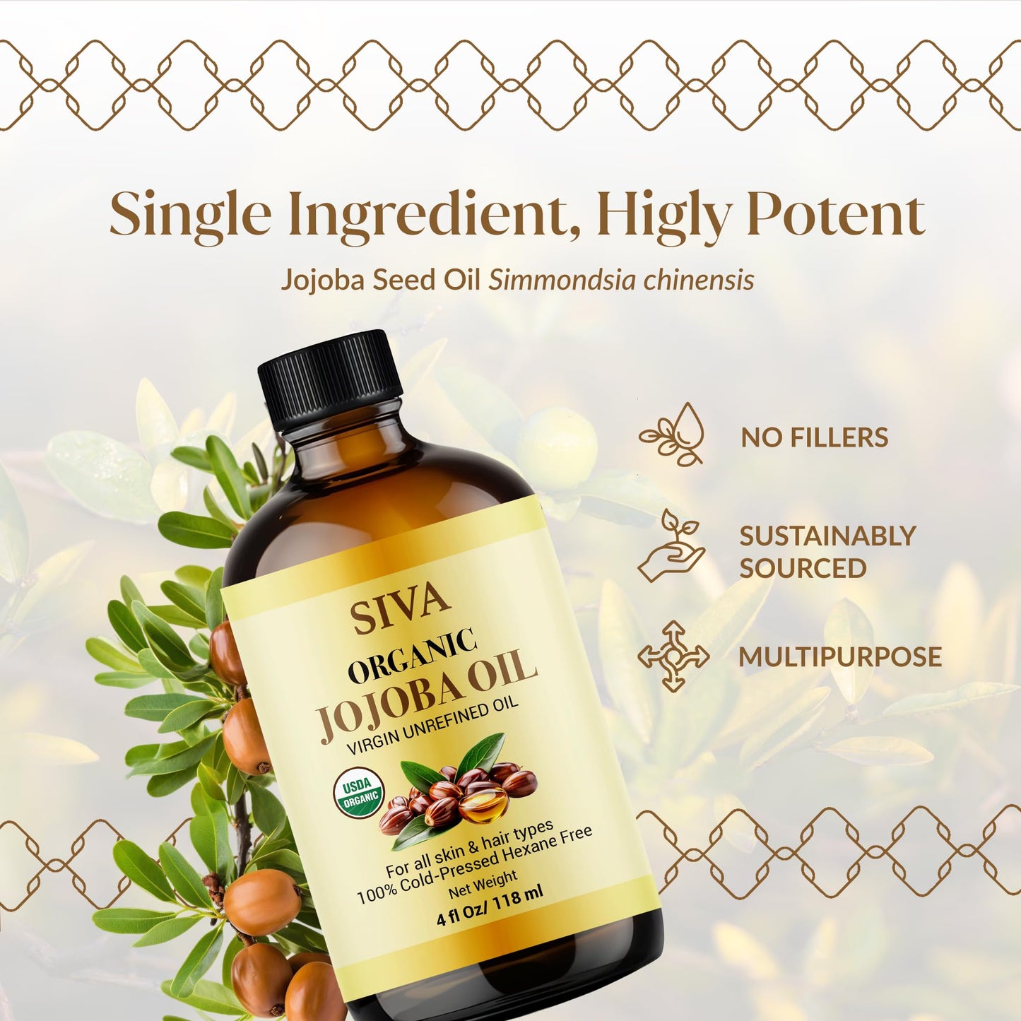 Siva Jojoba Organic Oil 4oz (118ml) – Cold-Pressed, 100% Natural Carrier Oil with Dropper