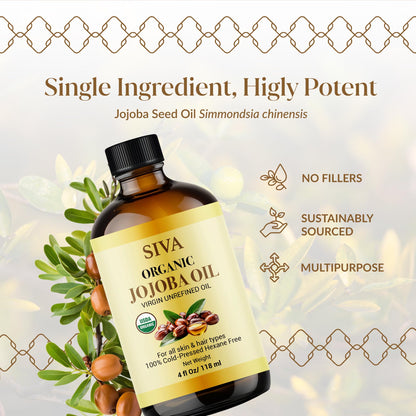 Siva Jojoba Organic Oil 4oz (118ml) – Cold-Pressed, 100% Natural Carrier Oil with Dropper