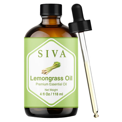 Siva Lemongrass Essential Oil - 4 Fl Oz – 100% Natural Lemongrass Oil - for Diffuser, Face, Skin Care, Aromatherapy, Hair Care, Scalp and Body Massage - with Dropper