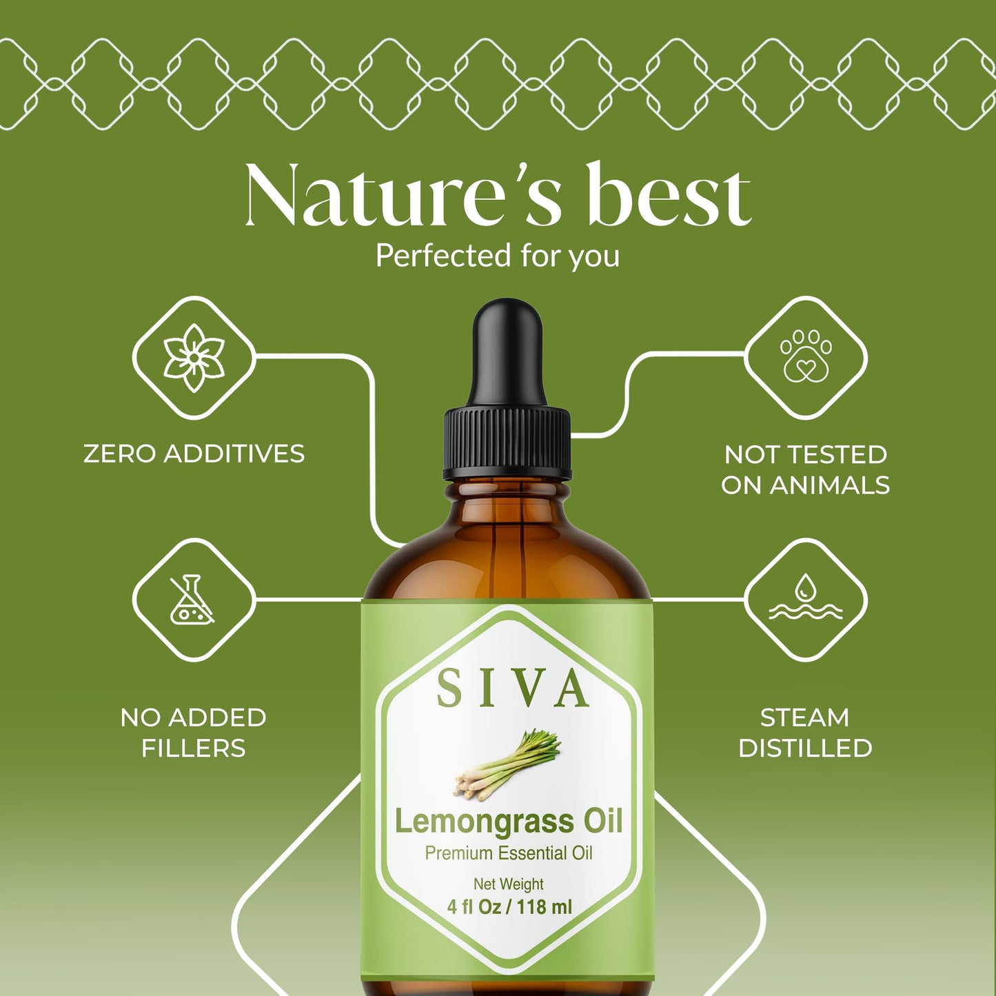 Siva Lemongrass Essential Oil - 4 Fl Oz – 100% Natural Lemongrass Oil - for Diffuser, Face, Skin Care, Aromatherapy, Hair Care, Scalp and Body Massage - with Dropper