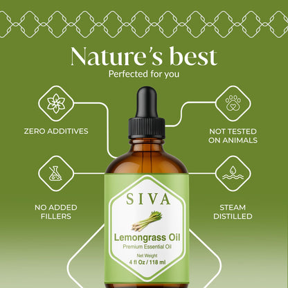 Siva Lemongrass Essential Oil - 4 Fl Oz – 100% Natural Lemongrass Oil - for Diffuser, Face, Skin Care, Aromatherapy, Hair Care, Scalp and Body Massage - with Dropper