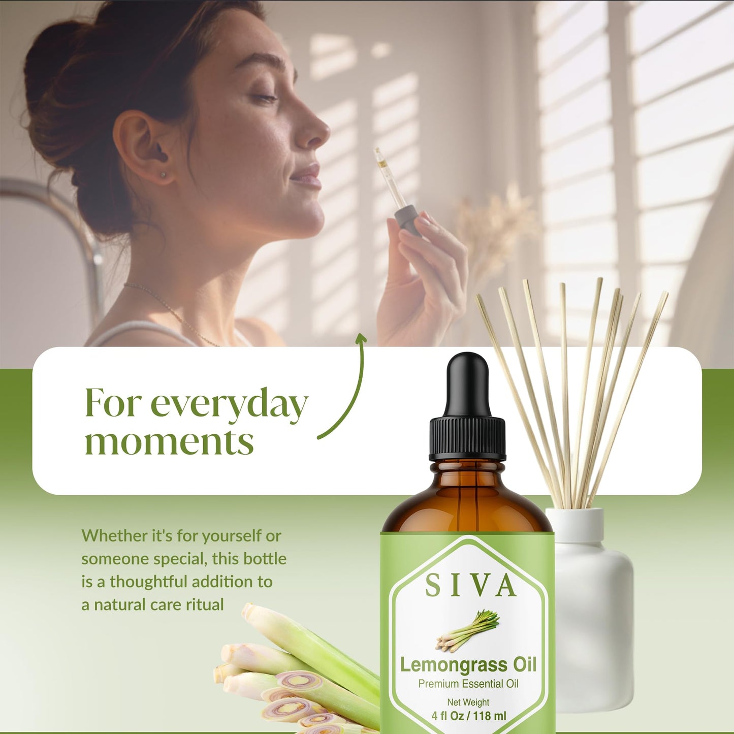 Siva Lemongrass Essential Oil - 4 Fl Oz – 100% Natural Lemongrass Oil - for Diffuser, Face, Skin Care, Aromatherapy, Hair Care, Scalp and Body Massage - with Dropper