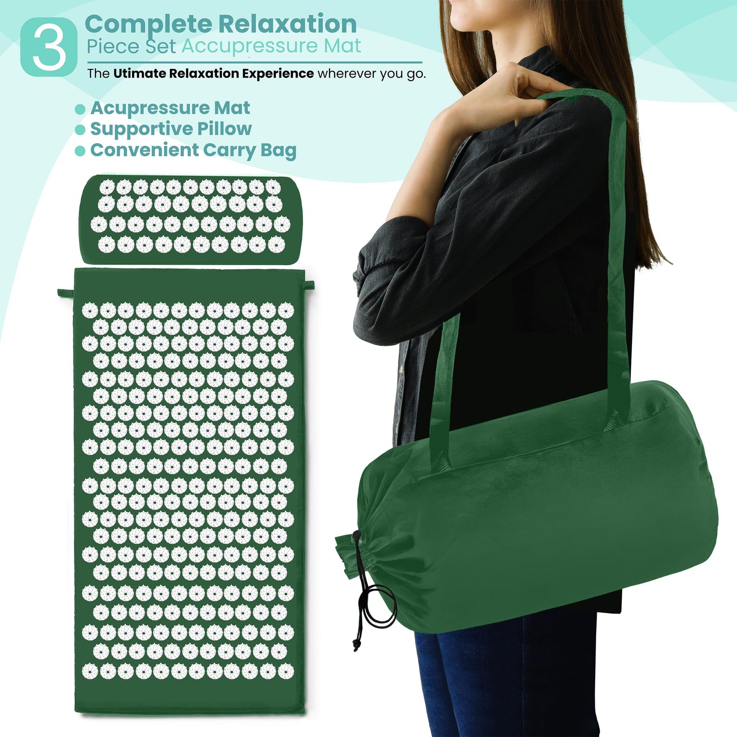 Sivan Back & Neck Pain Relief Acupressure Mat & Pillow Set – Green