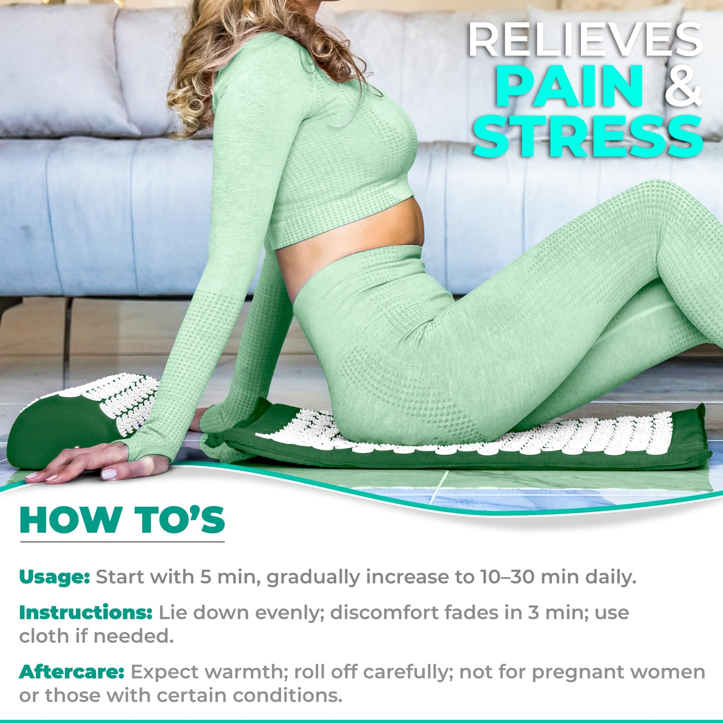 Sivan Back & Neck Pain Relief Acupressure Mat & Pillow Set – Green