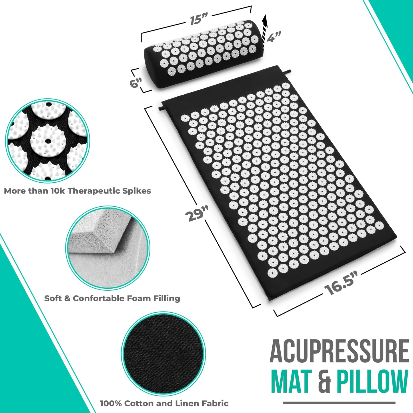 Sivan Back & Neck Pain Relief Acupressure Mat & Pillow Set - Black