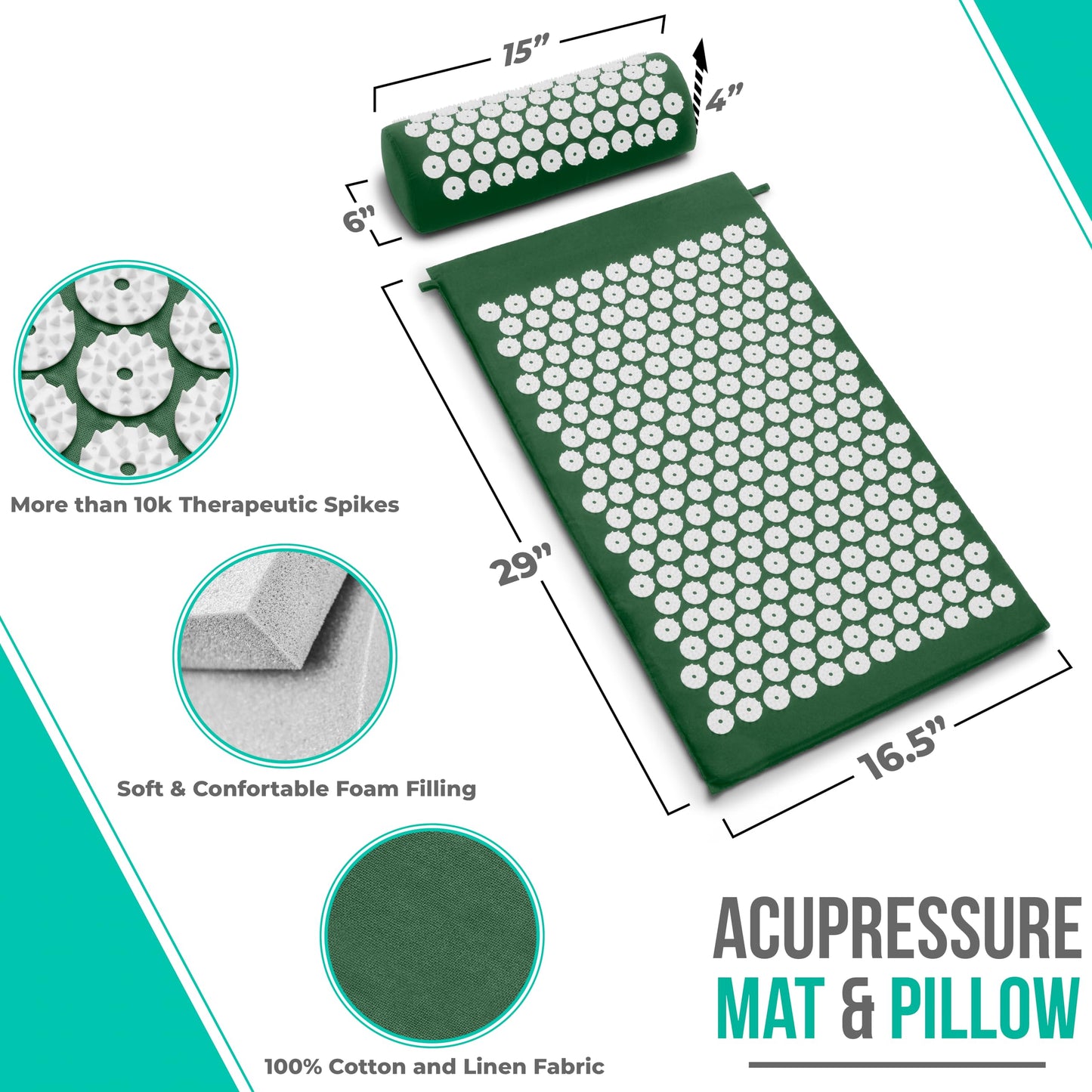 Sivan Back & Neck Pain Relief Acupressure Mat & Pillow Set – Green