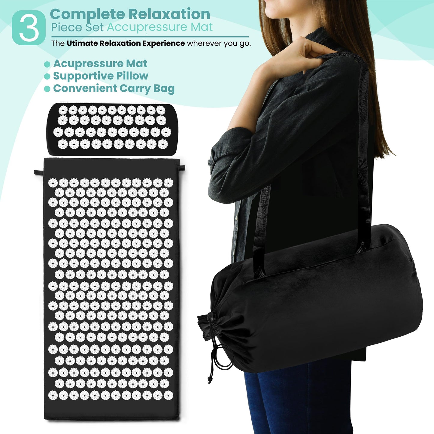 Sivan Back & Neck Pain Relief Acupressure Mat & Pillow Set - Black